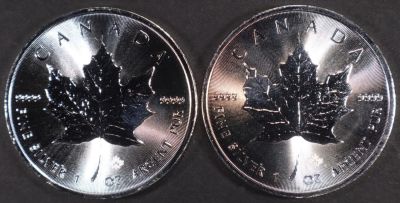 (2) 1 OZ .999 SILVER CANADIAN MAPLE LEAF ROUNDS. CHECK OUT OUR UPCOMING AUCTIONS ESTIMATE $80 - $120.