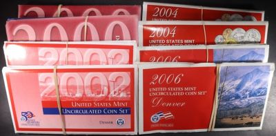(2) 2000, (2) 02, (2) 04, (2) 06 US MINT SETS. BID WITH SILVER CITY AUCTIONS ESTIMATE $100 - $150.