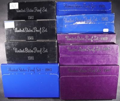 (3) 1981, (3) 1983, (3) 1987 US PROOF SETS. TOP RATED AUCTION HOUSE ESTIMATE $90 - $130.