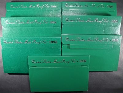 (2) 1994, (1) 1995, (4) 1996 US PROOF SETS. BID WITH SILVER CITY AUCTIONS ESTIMATE $90 - $130.