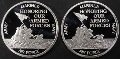 (2) 1 OZ .999 SILVER ARMED FORCES ROUNDS. WEEKLY COIN & CURRENCY AUCTIONS ESTIMATE $120 - $170.