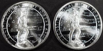 (2) 1 OZ .999 SILVER 2ND AMENDMENT ROUNDS. LEADERS IN ON-LINE AUCTIONS ESTIMATE $100 - $150.