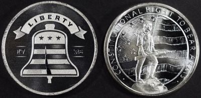 (2) 1 OZ .999 SILVER BELL & 2ND AMENDMENT ROUNDS. CHECK OUT OUR UPCOMING AUCTIONS ESTIMATE $100 