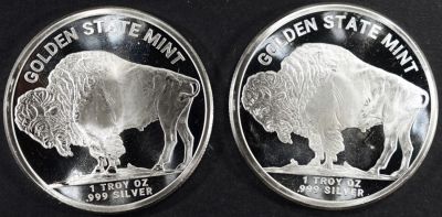 (2) 1 OZ .999 SILVER BUFFALO ROUNDS. LEADERS IN ON-LINE AUCTIONS ESTIMATE $100 - $150.