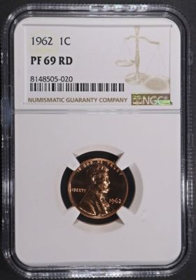 1962 LINCOLN CENT NGC PF69 RD. TOP RATED AUCTION HOUSE ESTIMATE $300 - $400.