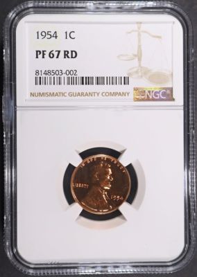 1954 LINCOLN CENT NGC PF67 RD. LEADERS IN ON-LINE AUCTIONS ESTIMATE $60 - $80.