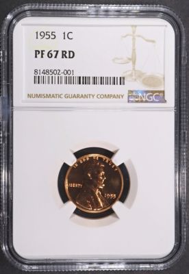 1955 LINCOLN CENT NGC PF67 RD. TOP RATED AUCTION HOUSE ESTIMATE $60 - $80.
