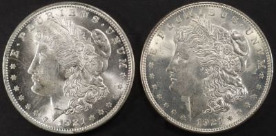 (2) 1921 MORGAN DOLLARS CH BU. TOP RATED AUCTION HOUSE ESTIMATE $80 - $100.