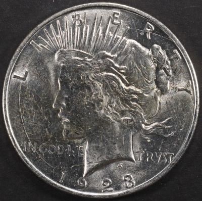 1923-D PEACE DOLLAR BU. LEADERS IN ON-LINE AUCTIONS ESTIMATE $130 - $150.