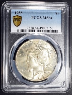 1935 PEACE DOLLAR PCGS MS-64. TOP RATED AUCTION HOUSE ESTIMATE $350 - $400.
