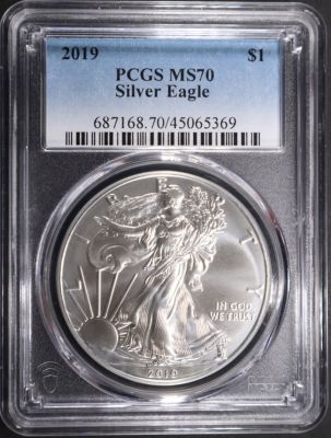 2019 AMERICAN SILVER EAGLE PCGS MS 70. WEEKLY COIN & CURRENCY AUCTIONS ESTIMATE $100 - $120.