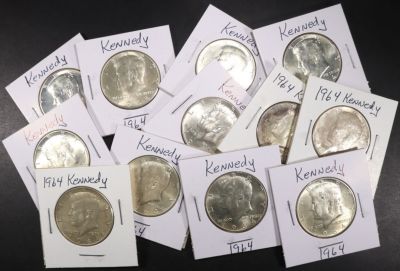 (12) 90% SILVER 1964 KENNEDY HALF DOLLARS. TOP RATED AUCTION HOUSE ESTIMATE $170 - $220.