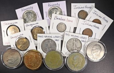 COLLECTORS LOT TYPE COINS. (3) INDIAN CENTS, (1) BARBER DIME, (2) WALKING LIBERTY HALVES, (2) 