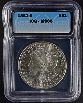 1881-S MORGAN DOLLAR ICG MS65. BID WITH SILVER CITY AUCTIONS ESTIMATE $160 - $210.