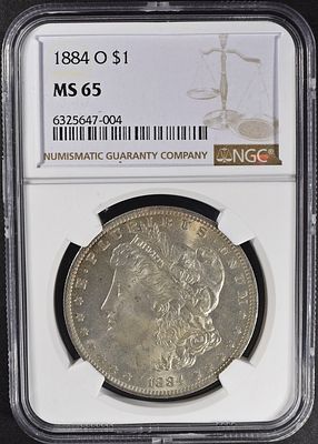 1884-O MORGAN DOLLAR NGC MS65. WEEKLY COIN & CURRENCY AUCTIONS ESTIMATE $200 - $250.