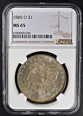 1885-O MORGAN DOLLAR NGC MS65. LEADERS IN ON-LINE AUCTIONS ESTIMATE $200 - $250.