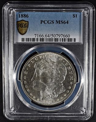 1886 MORGAN DOLLAR PCGS MS64. TOP RATED AUCTION HOUSE ESTIMATE $160 - $210.
