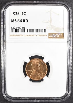 1935 LINCOLN CENT MS66RD NGC. BID WITH SILVER CITY AUCTIONS ESTIMATE $75 - $100.