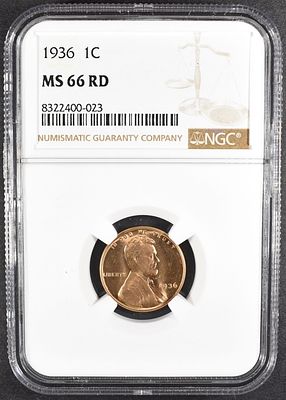 1936 LINCOLN CENT MS66RD NGC. LEADERS IN ON-LINE AUCTIONS ESTIMATE $80 - $120.