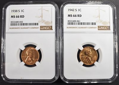 1938-S & 1942-S LINCOLN CENTS NGC MS-66 RD. TOP RATED AUCTION HOUSE ESTIMATE $100 - $130.