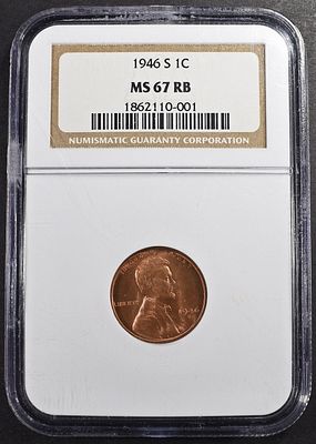 1946-S LINCOLN CENT NGC MS-67 RB. BID WITH SILVER CITY AUCTIONS ESTIMATE $100 - $130.