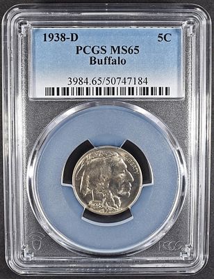 1938-D BUFFALO NICKEL PCGS MS-65. BID WITH SILVER CITY AUCTIONS ESTIMATE $60 - $80.