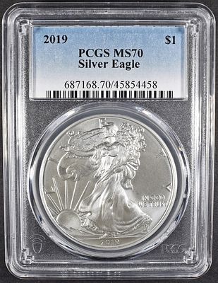 2019 AMERICAN SILVER EAGLE PCGS MS70. TOP RATED AUCTION HOUSE ESTIMATE $130 - $180.