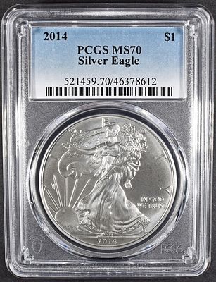 2014 AMERICAN SILVER EAGLE PCGS MS70. WEEKLY COIN & CURRENCY AUCTIONS ESTIMATE $130 - $180.