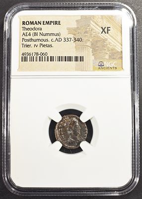 c.AD 337-340 POSTHUMOUS AE4 (BI NUMMUS) NGC XF. ROMAN EMPIRE, THEODORA, TRIER. RV PIETAS. 