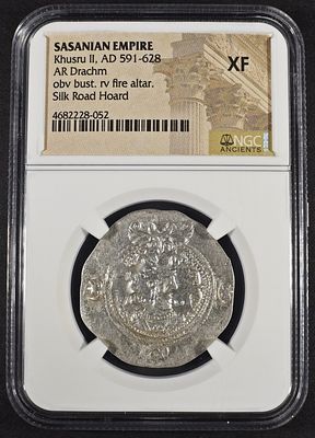 AD 591-628 KHUSRU II AR DRACHM NGC XF. SASANIAN EMPIRE, OBV BUST. RV FIRE ALTAR. SILK ROAD HOARD 