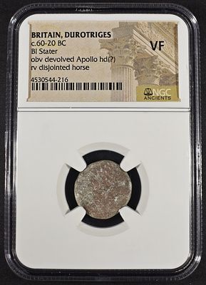 c.60-20 BC BRITAIN, DUROTRIGES BI STATER NGC VF. OBV DEVOLVED APOLLO HD(?) RV DISJOINTED HORSE 