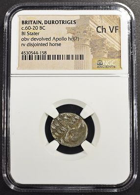c.60-20 BC BRITAIN, DUROTRIGES BI STATER NGC CH VF. OBV DEVOLVED APOLLO HD(?) RV DISJOINTED 