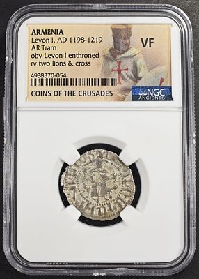 AD 1198-1219 LEVON I AR TRAM ARMENIA NGC VF. OBV LEVON I ENTHRONED RV TWO LIONS & CROSS, COINS 