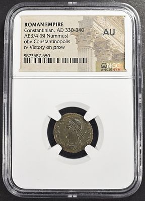 AD 330-340 CONSTANTINIAN AE3/4 (BI NUMMUS) NGC AU. ROMAN EMPIRE, OBV CONSTANTINOPOLIS RV VICTORY 