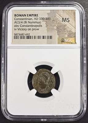 AD 330-340 CONSTANTINIAN AE3/4 (BI NUMMUS) NGC MS. ROMAN EMPIRE, OBV CONSTANTINOPOLIS RV VICTORY 