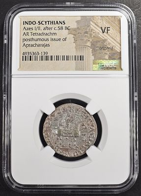 AFTER c.58 BC AZES I/II AR TETRADRACHM NGC VF. INDO-SCYTHIANS, POSTHUMOUS ISSUE OF APRACHARAJAS 