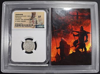 AD 1163-1201 BOHEMOND III AR DENIER NGC XF. CRUSADER, ANTIOCH. OBV ARMORED BUST RV CROSS; 