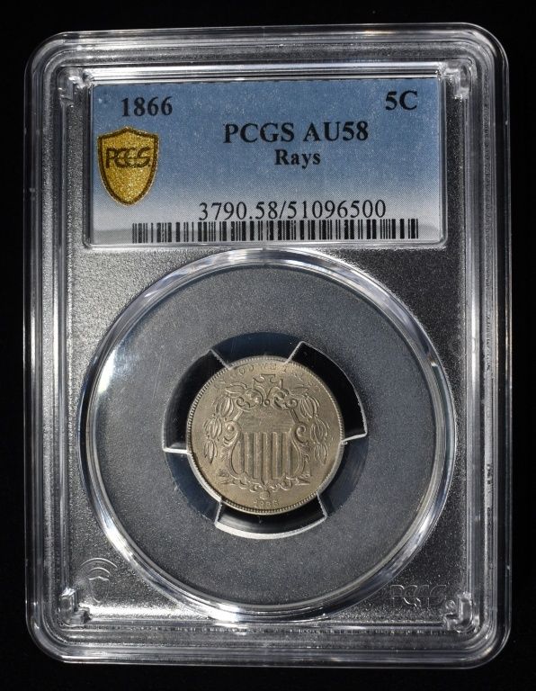 1866 SHIELD NICKEL RAYS PCGS AU58. BID WITH SILVER CITY AUCTIONS ESTIMATE $450 - $500.
