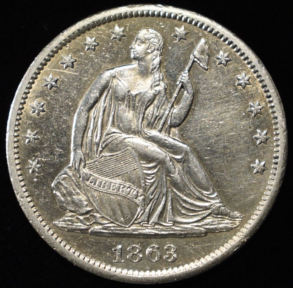 1863-S SEATED LIBERTY HALF DOLLAR CH BU. TOP RATED AUCTION HOUSE ESTIMATE $1800 - $2000.