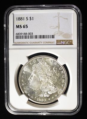 1881-S MORGAN DOLLAR NGC MS 65. WEEKLY COIN & CURRENCY AUCTIONS ESTIMATE $200 - $250.