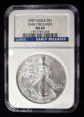 2007 SILVER EAGLE NGC MS-69 EARLY RELEASE. TOP RATED AUCTION HOUSE ESTIMATE $75 - $100.