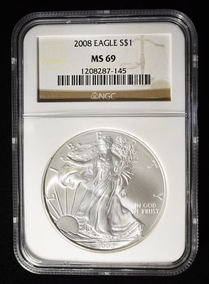 2008 AMERICAN SILVER EAGLE NGC MS69. LEADERS IN ON-LINE AUCTIONS ESTIMATE $70 - $90.