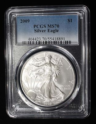 2009 AMERICAN SILVER EAGLE PCGS MS70. TOP RATED AUCTION HOUSE ESTIMATE $90 - $130.