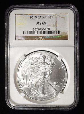 2010 AMERICAN SILVER EAGLE NGC MS69. CHECK OUT OUR UPCOMING AUCTIONS ESTIMATE $70 - $90.