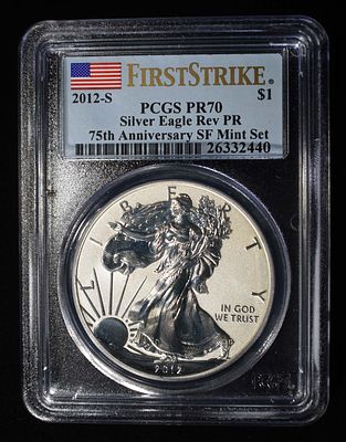 2012-S SILVER EAGLE REV. PROOF PCGS PR-70 FS. FIRST STRIKE 75TH ANNIVERSARY SET. ESTIMATE $200 - 