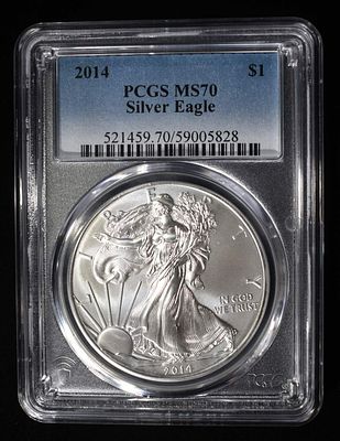 2014 AMERICAN SILVER EAGLE PCGS MS70. WEEKLY COIN & CURRENCY AUCTIONS ESTIMATE $90 - $130.