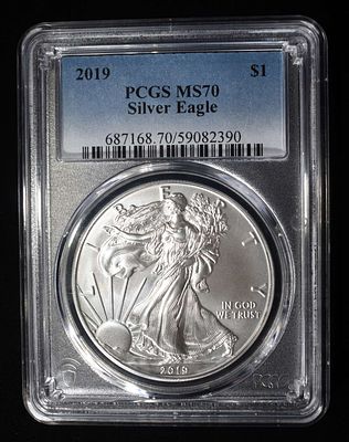 2019 AMERICAN SILVER EAGLE PCGS MS70. BID WITH SILVER CITY AUCTIONS ESTIMATE $90 - $130.