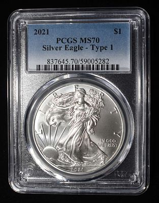 2021 TYPE 1 AMERICAN SILVER EAGLE PCGS MS70. WEEKLY COIN & CURRENCY AUCTIONS ESTIMATE $90 - $130.