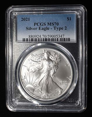 2021 TYPE 2 AMERICAN SILVER EAGLE PCGS MS70. BID WITH SILVER CITY AUCTIONS ESTIMATE $90 - $130.