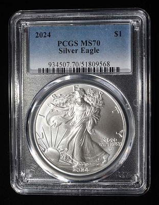 2024 AMERICAN SILVER EAGLE PCGS MS70. TOP RATED AUCTION HOUSE ESTIMATE $90 - $130.